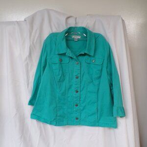 CJ Banks 100% Cotton Teal  green Jacket w Pockets & Button Close, sz 2X